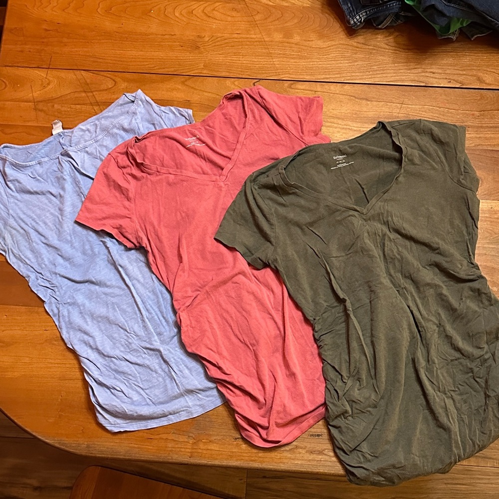 Set of Three maternity, short sleeve T-Shirts in Blue, Pink, Green size S and M